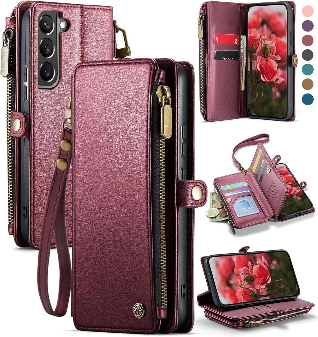 Defencase Compatible with Samsung Galaxy S22 5G Case Wallet with RFID Blocking Card Holder for Women Men, PU Leather Magnetic Snap Flip Zipper Strap Wallet Phone Case Fit for Galaxy S22 6.1", Wine Red