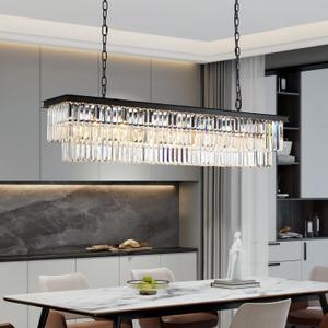 NOXARTE Rectangle Chandeliers for Dining Room, Modern Rectangular Crystal Chandelier Black 8 Lights Pendant Fixture for Kitchen Island Bar Living Room L47 Inch