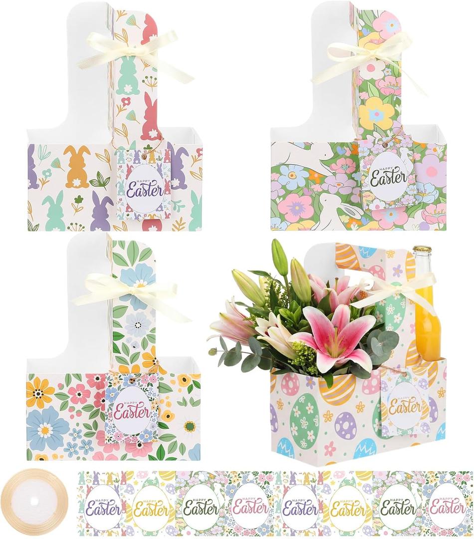 LemonRoad 24 Sets Easter 2 Cup Drink Carriers with Handles, Happy Easter Party Favors Gift Supplies, 4 Style Cardboard Cup Holders with Gift Cards for Women Bunny Party Decoration Table Decor