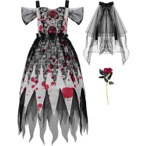 ReliBeauty Ghost Zombie Bride Costume for Girls with Veil and Flower (5/120, Black)