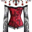 Haysandy Halloween Women Gothic Punk Vampire Accessories Corset Tops with Sleeve Corset Lace Choker Necklace Bracelet Earring (Medium, Red)