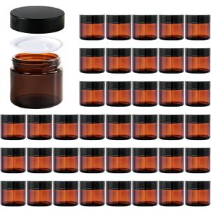 11 Hoa Kinh 2oz Jars with Lids 40 Pack Amber Glass Jars with Lids Empty Cosmetic Containers Round Airtight Glass Jar with Black Lid for Storing Lotions Powders Ointments