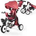 JMMD Baby Tricycle, 7-in-1 Folding Kids Trike with Adjustable Parent Handle, Safety Harness & Wheel Brakes, Removable Canopy, Storage, Stroller Bike Gift for Toddlers 18 Months - 5 Years (Red)