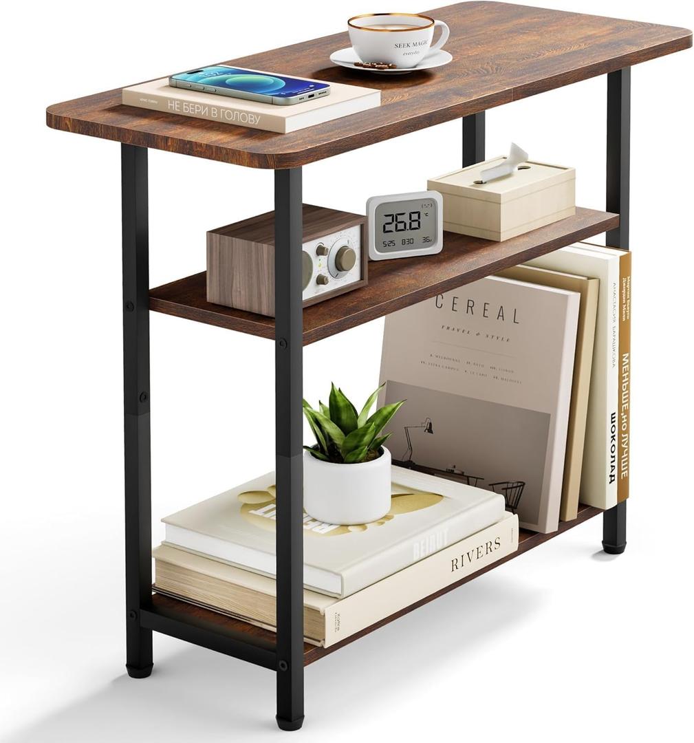SLEEPING LAMB Side Table for Living Room, 3-Tier End Table for Small Space with Wide Storage Tabletop, Rustic Brown Narrow Nightstand for Bedroom, Sofa Couch, 23.6l X 11.8w X 24h