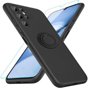 Compatible for Oukitel C1/ C1 PRO Phone Case with Screen Protector, 360 Rotatable Ring Holder Kickstand/Stand Silicone TPU Shockproof Protective Cover Case for Oukitel C1 C1 PRO 2025 - Black