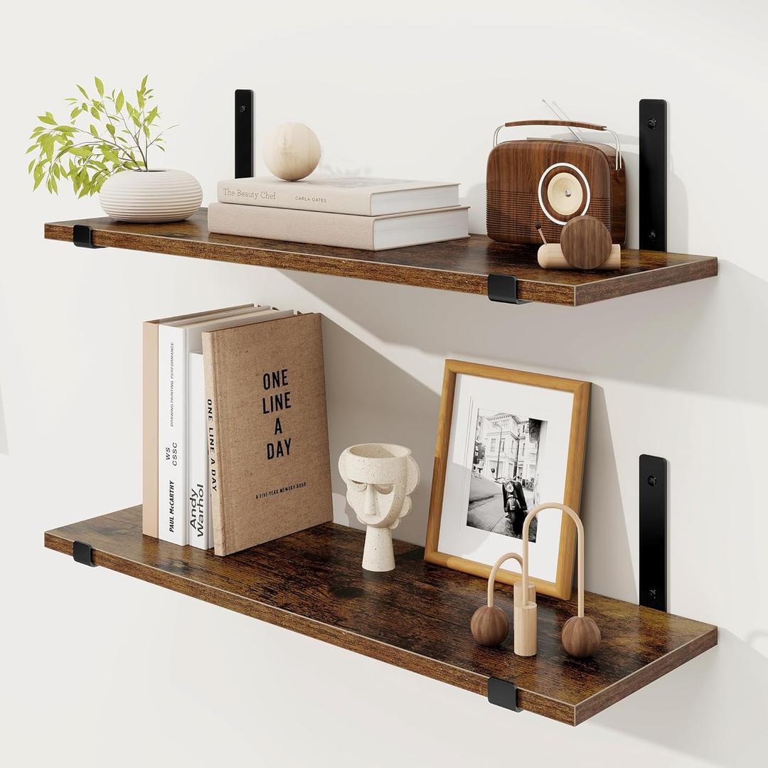 Fun Memories Deep Floating Shelves for Wall, 24" W x 8" D Wall Mounted Shelves Set of 2, Wide Display & Storage Shelves with Sturdy Metal Brackets for Bathroom, Kitchen, and Living Room, Brown