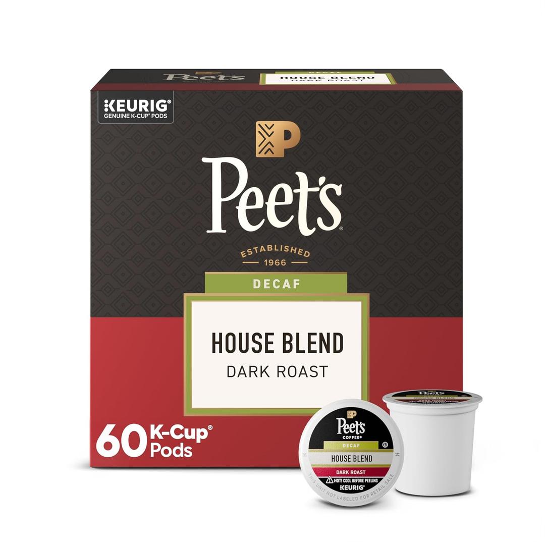 Peet's Coffee, Dark Roast Decaf Keurig K-Cup Pods, Decaffeinated Arabica Coffee - Decaf House Blend 60 Count (6 Boxes of 10 K-Cup Pods) (EXP 07/10/26)