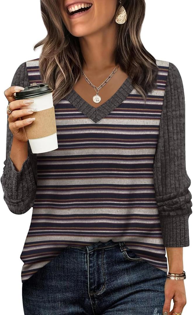 WIHOLL Sleeve Patchwork Shirts for Women Loose Fit V Neck Fall Outfits 2025 Trendy Sweaters Casual Tunic Tops (Small)