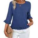Urchics Womens Ruffle 3/4 Sleeve Tops Casual Linen Blouses Crew Neck Drop Shoulder Dressy Shirts Fall Outfits Gem Blue L (L)