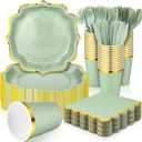 Gejoy 144 Pcs Bridal Shower Decorations Baby Shower Party Supplies Include Disposable Paper Plates Cups and Napkins Sets with Plastic Forks Knives Spoons for Wedding Birthday Party(Sage Green)