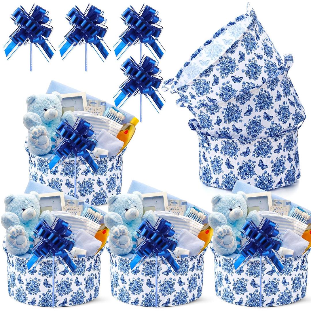 4 Pack Chinoiserie Gift Basket Blue and White Basket Empty with Gift Bag Ribbons Collapsible Decorative Storage Baskets Bin with Handles for Baby Shower Bachelorette Wedding