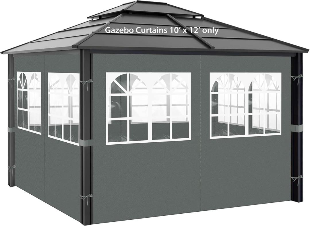 Gazebo Privacy Curtains 10' x 12' with PVC Windows, 4-Panels Side Wall with Zipper Universal Replacement for Patio, Outdoor Canopy, Garden and Backyard, Gray