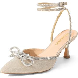 DREAM PAIRS Kitten Heels Rhinestone Bow Ankle Strap Stiletto Pointed Closed Toe Heels for Women Pumps Wedding Bridal Party Dress Shoes (8.5, Gold)