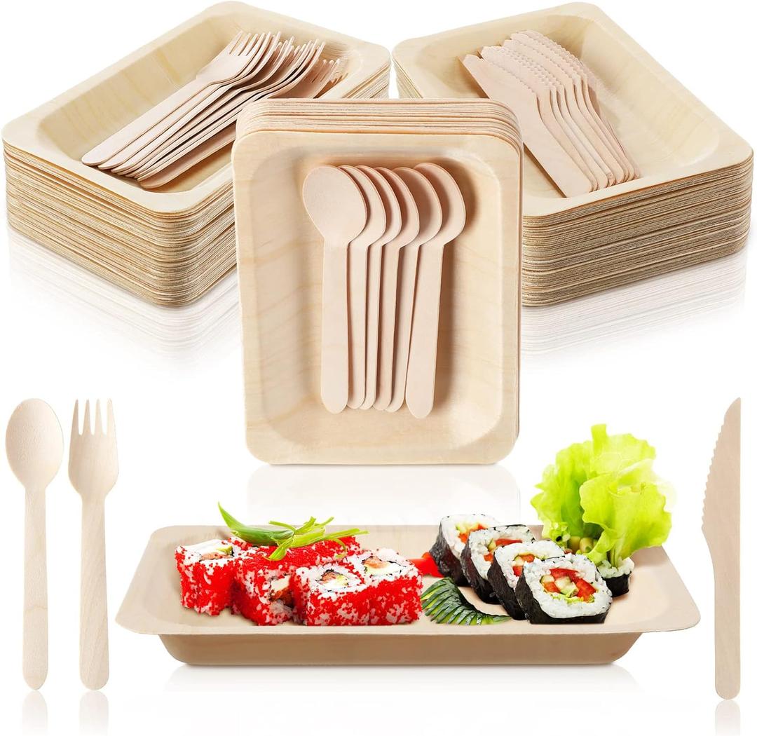 Hoolerry 50 Sets Disposable Bamboo Plates Set 8 x 5.5 Inch Palm Leaf Plates and Cutlery (Forks, Knives, Spoons) Disposable Wooden Bowls for School Classroom Party