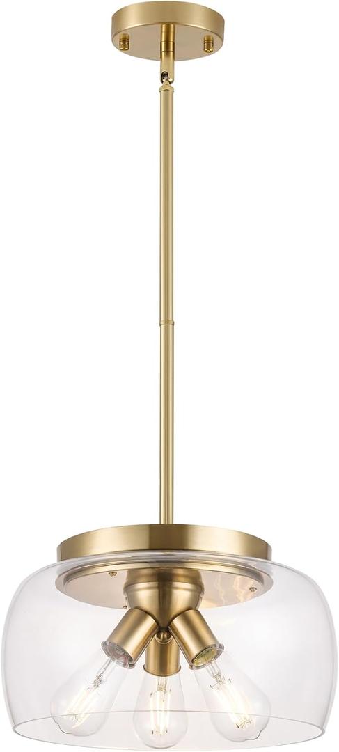 3-Light Gold Pendant Lights Kitchen Island, Modern 13.38'' Large Hanging Island Pendant Lights Over Sink with Clear Glass Shade, Brass Chandeliers with Adjustable Metal Tube for Table Bedroom