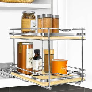 LYNK PROFESSIONAL lite Pull Out Spice Rack Organizer for Inside Kitchen Cabinets - 8-3/8 inch Wide - Slide Out Drawer  Wood/Chrome Sliding Spice Organization for cabinet - Spice Racks - 2 Tier