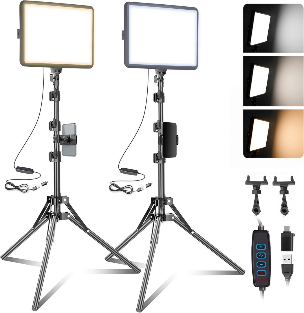 2-Pack LED Video Light Kit, NiceVeedi Studio Light, 2800-6500K Dimmable Photography Lighting Kit with Tripod Stand&Phone Holder, 73" Stream Light for Video Recording, Game Streaming, YouTube
