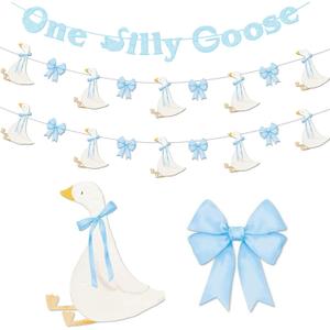 3 x 3 Set One Silly Goose Banner, One Silly Goose Birthday Decorations Boy Baby Shower themed for Goose Party Decor Supplies (Blue)