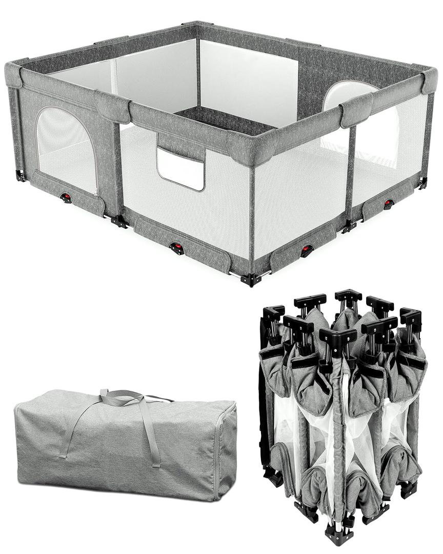 Foldable Baby Playpen with Non-Removable Thick Mat, Extra Large Collapsible Play Yard for Babies & Toddlers, Portable Travel Playpen with Gate, Safe Activity Center (59"71" Grey)