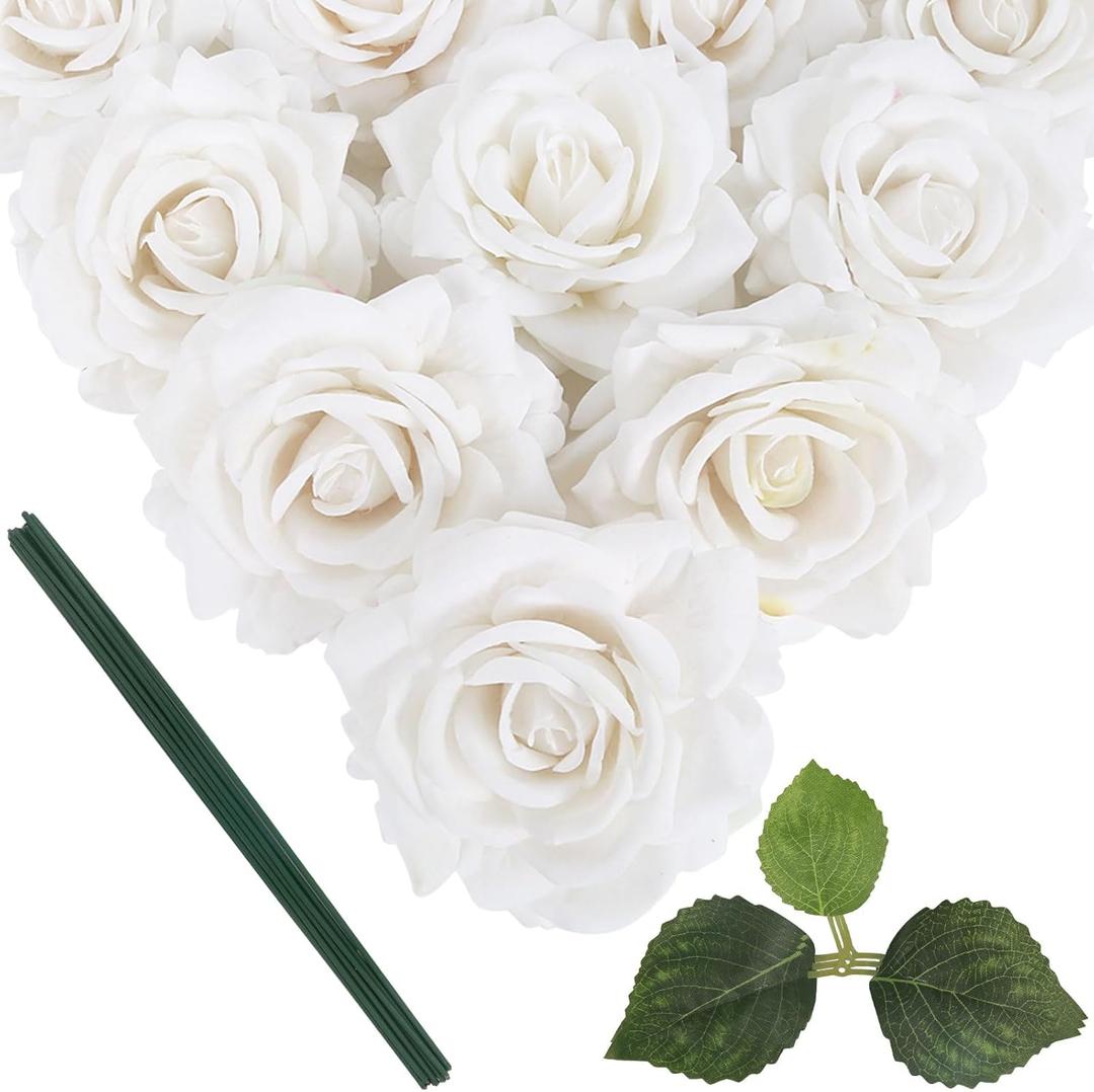 IPOPU 5 Inches White Artificial Large Rose Flower Head Fake Silk Rose with Stem Fake Flowers Bulk for DIY Gifts White Wedding Bouquet Arrangements Home Party Decor