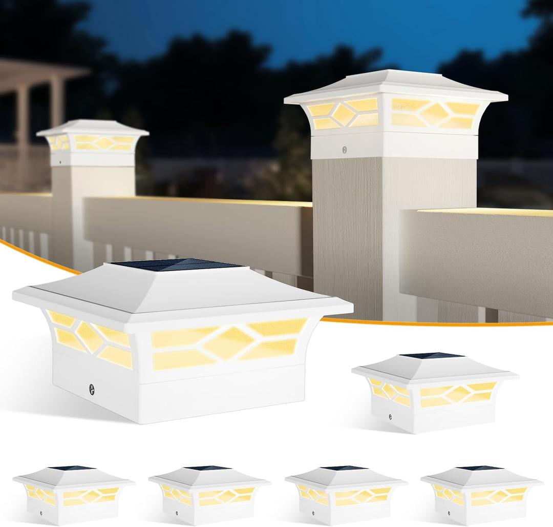 Solar Post Cap Lights - White Solar Fence Deck Post Lights for 4x4 Vinyl/Wooden Posts, Outdoor Warm White/Cool White Lighting, Waterproof Decorate Garden Pathway (6pack)