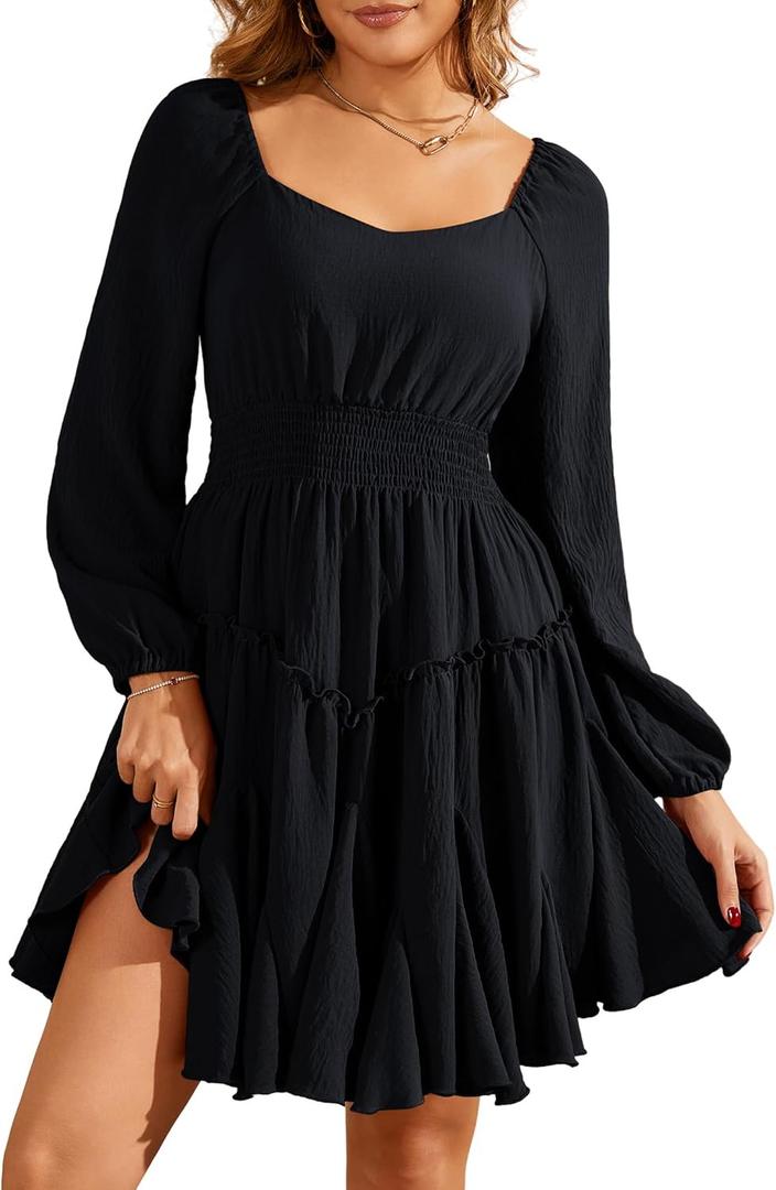 Florboom Women's Square Neck Lantern Long Sleeve Mini Dresses Chiffon Casual Flowy Fall Dress (Black, XL)