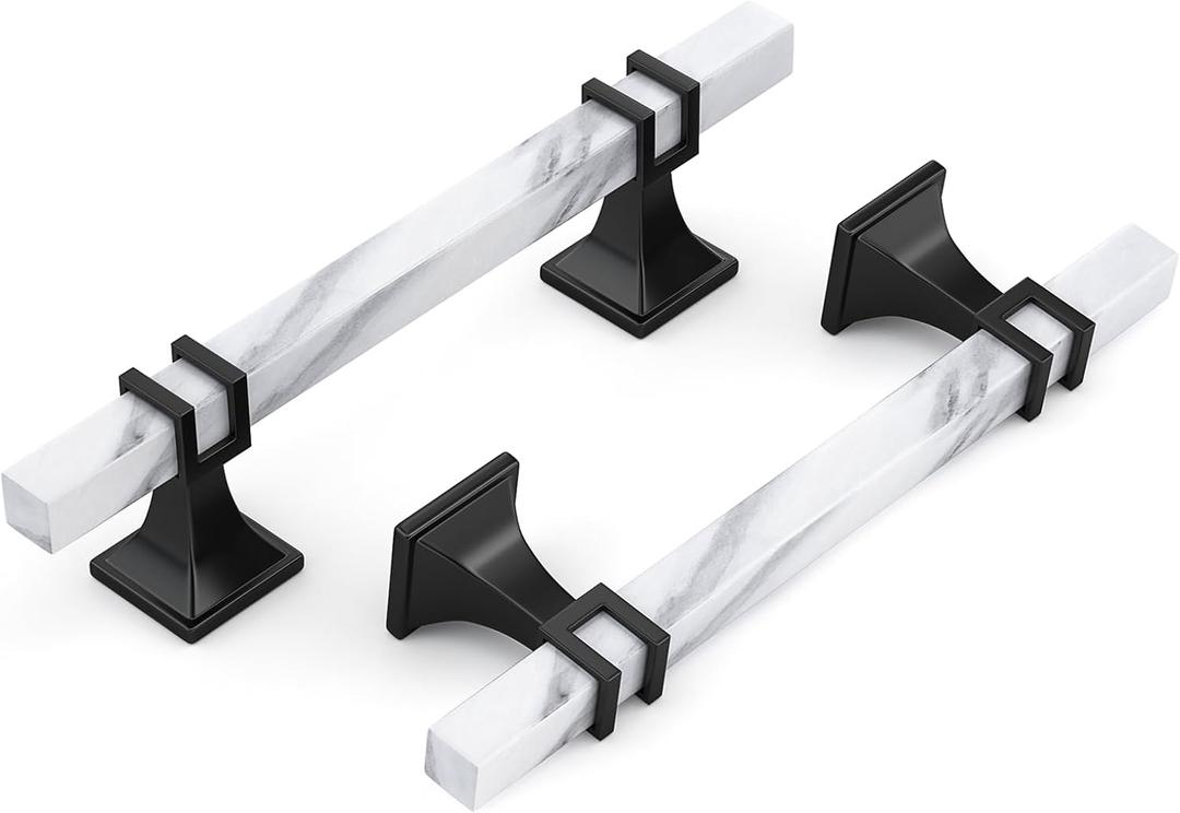 Haliwu 10 Pack White Marble Grain Cabinet Pulls, 4 inch Black Kitchen Handles, 2 Tone Solid Square Dresser and Drawer Hardware