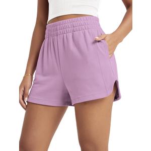ODODOS Women's Sweat Shorts Cotton French Terry Curved Hem Workout Casual Relaxed Lounge Shorts with Pockets, Lilac, Large (Purple, L)