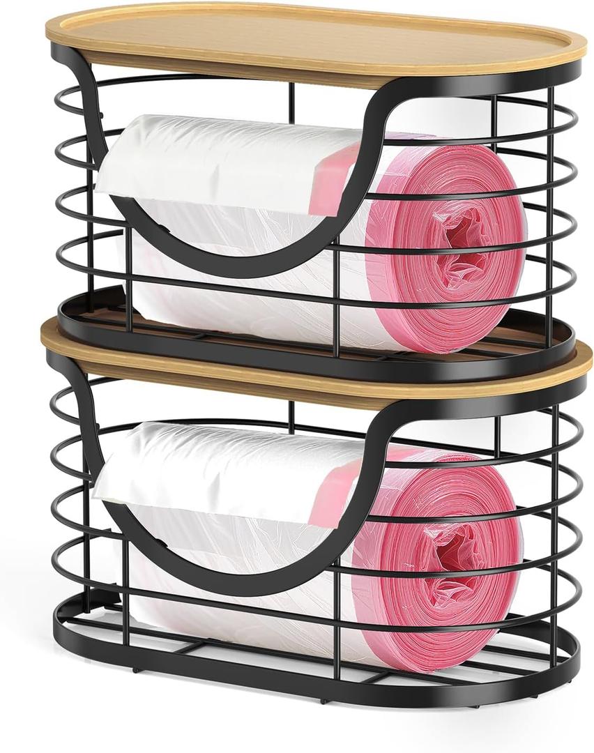 2 Pack Bag HolderStackable Trashbag Dispenser With Bamboo LidWall Mount Garbage Bag Dispenser Organizer for Kitchen Laundry Room Under Sink