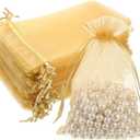 QfwdfcTrenz 50 Pcs Gold Organza Bags 4x6 Inch Breathable Tulle Jewelry Bags Small Mesh Gift Bag Drawstring Party Favor Bag for Christmas Wedding Jewelry Candy