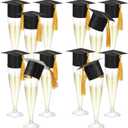 Funnymoom 12 Pack 2026 Graduation Disposable Champagne Flutes Set 4.5 oz Plastic Grad Glasses and Mini Graduation Caps with Tassels for Cocktail Toasting Grad Party Favor (Black)