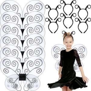 6 Set Black Bug Wings with Antenna Headband Halloween Costumes Grey Bug Wings Dress up Cosplay Party Favors