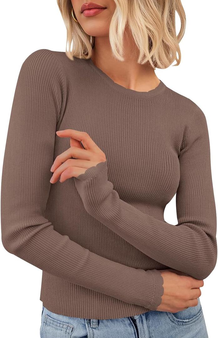 PRETTYGARDEN Womens Long Sleeve Shirts Ribbed Knit Fitted Cute Tops for Women Trendy Basic Pullover Shirt Fall Clothes (Brown, XXL)