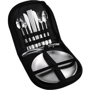Stainless Steel Outdoor Camping Mess Kits - Includes Forks, Spoons, Knives, Chopsticks, Food Clip, Plates - Portable Cutlery Bag