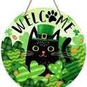 Welcome St. Patrick's Day Black Cat Front Door Sign, Shamrock Clover Top Hat Wood Door Hanger Outdoor Outside Porch Decor, Spring Gold Coins Irish Wooden Wreath Indoor Wall Hanging Decoration