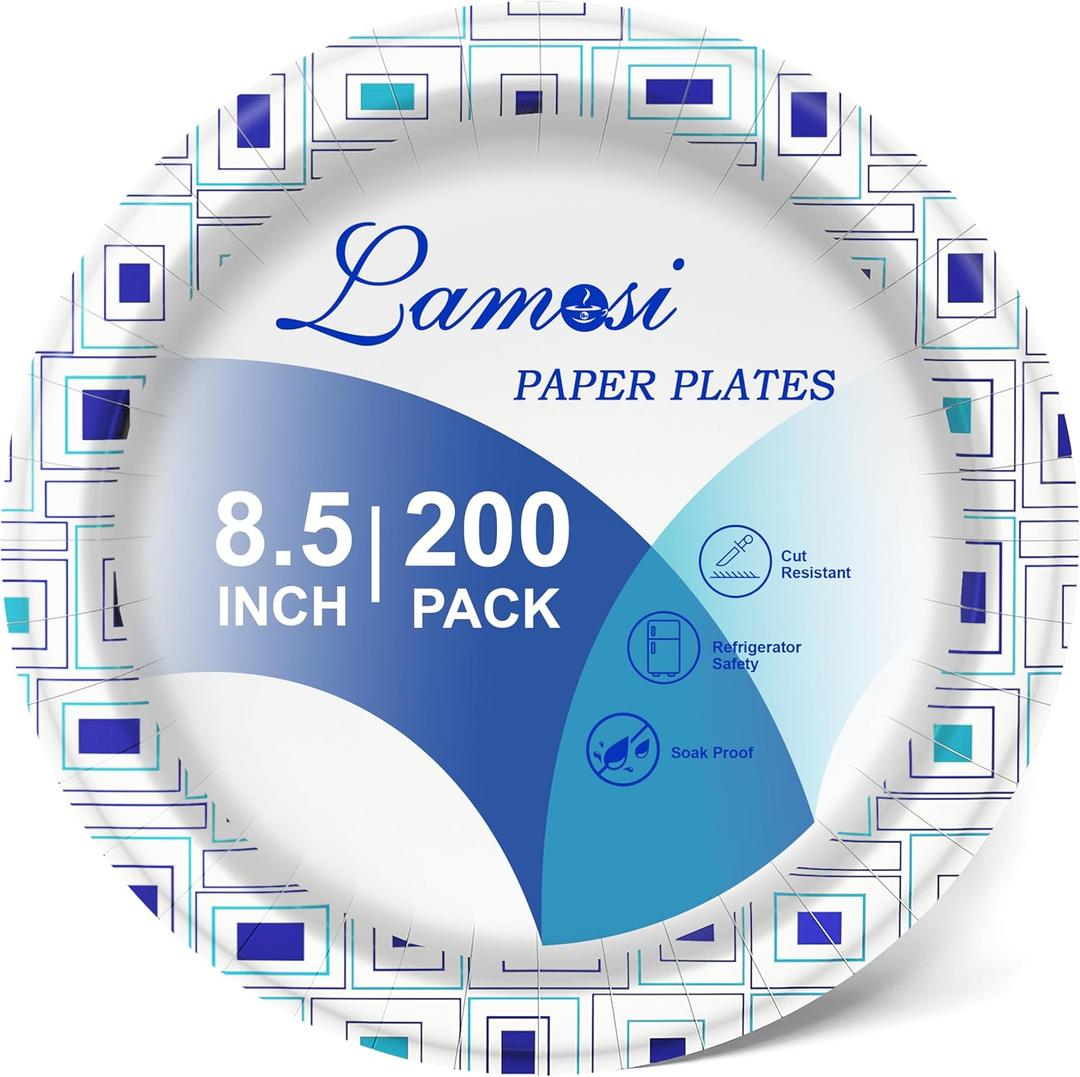Lamosi 8.5 Inch Disposable Paper Plates, Paper Plates 200 Count, Soak Proof, Cut Proof, Heavy Duty Disposable Plates for Everyday Use, Party, Wedding