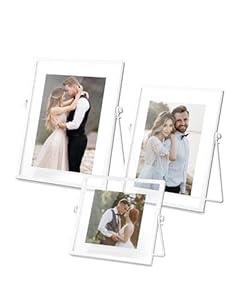 AceList Set of 3 Glass White Photo Frame Collection Simple Metal Geometric Picture Frame with Glass Cover Includes 4 x 4, 4 x 6, 5 x 7
