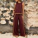 2 Piece Sets for Women Color Block Linen Lounge Sets Sleeveless Top Wide Leg Pants Matching Casual Travel Outfit (XL)
