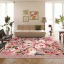 8x10 Washable Area Rug for Living Room, Floral Non-Slip Non-Shedding & Easy Care, Large Soft Low Pile Indoor Floor Carpet for Living Room, Bedroom, Farmhouse, Dining Room, Kids Playroom, Pink