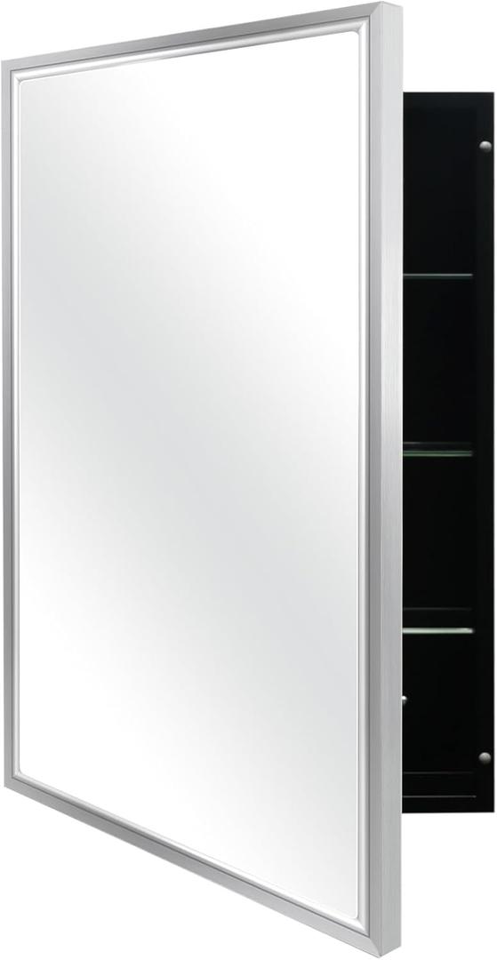 Modern Medicine Cabinet Mirror Storage for Bathroom Bedroom Surface/Recessed Mount with 3 Shelves (16"x26", Brushed Silver)