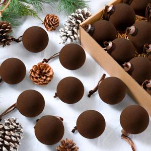 Palonu 30 Pcs Velvet Christmas Balls,2.4 Inch Flocked Ornaments with Velvet Ribbons, Shatterproof Plastic Christmas Bulbs Ornaments for Family Holiday Party Xmas Hanging Decoration(Brown)