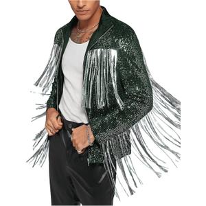 Men's Fringe Trim Jackets Zip Up Long Sleeve Sequin Regular Fit Spring Fall Coats (Large, Dark Green)