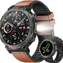 Military Smart Watches for Men Built-in GPS with LED Flashlight Compass, 3ATM Waterproof Rugged Tactical Smartwatch with Text and Call, 1.45" HD Fitness Tracker with HR SPO2 Monitor for iPhone Android (Brown Leather)