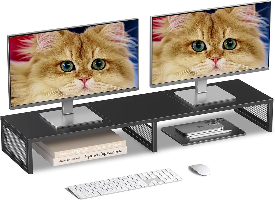 Dual Computer Monitor Stand Riser, Desk Organizers and Accessories, Printer & TV Stand, Desk Shelf, Office Desk Accessories & Desktop Workspace Organizer for Office Supplies, Black