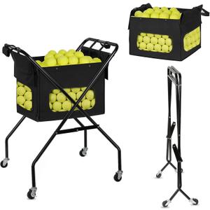 Pickleball Tennis Ball Hopper Tennis Basket Foldable Pickleball Ball Holder Caddy with Wheels Removable Bag Portable Tennis Ball Picker Cart Holds 170 Tennis Balls or 140 Pickleballs