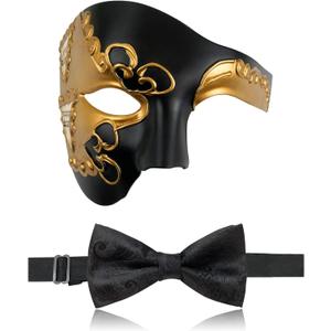IncreDecor Masquerade Mask for Men Phantom of The Opera Half Face Mask with Bowtie, Venetian Masks for Halloween Party (Black+gold)