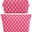 SOIDRAM 2 Pieces Makeup Bag Large Checkered Cosmetic Bag Capacity Canvas Mix Travel Toiletry Bag Organizer Cute Makeup Brushes Aesthetic Accessories Storage Bag for Women, Checkered Mix Rose Red
