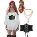 Women Pirate Costume Dress with Corset Accessories Long Sleeve Romper Short Off Shoulder Dress, size -S