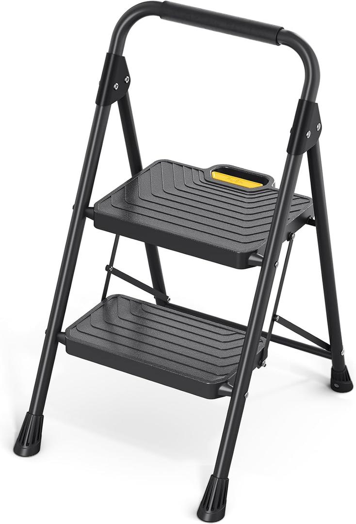 KINGRACK 2 Step Ladder, Sturdy Steel Step Stool with Anti-Slip Wide Pedals, Handrail, Safe-Lock Design, Pass 800lbs Load Testing, Folding Portable Ladder for Multi-Purpose, Home, Kitchen, Black