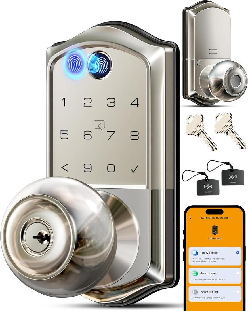 Veise VE018 Smart Knob Handle Lock - Fingerprint, App Control, Keyless Entry for Front Door and Bedroom, Electronic Digital Keypad, Auto Lock, Remote Access Sharing, IP55 Weatherproof, Satin Nickel